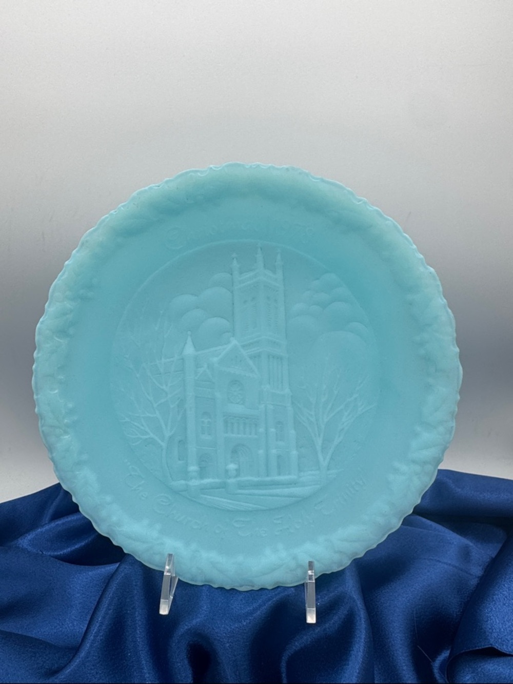 Fenton Light Blue Satin Art Glass Plate; 1978, “Church of the Holt Trinity” #9